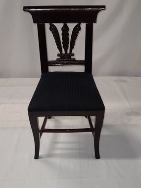 Child Size Carved Wood Chair with Black Ribbed Upholstery